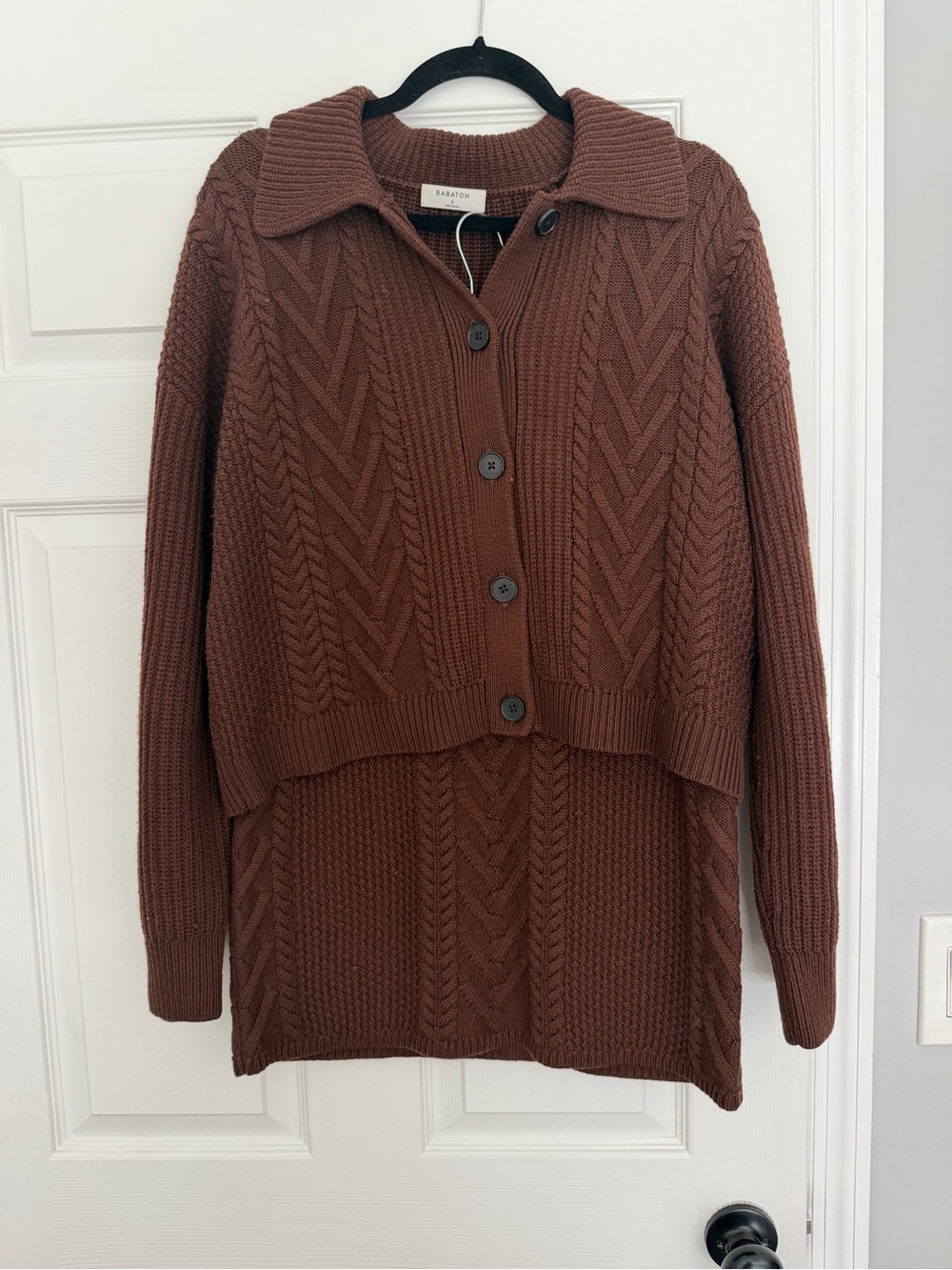 Button-Front Cable Knit Cardigan Skirt Set in Brown by Babaton